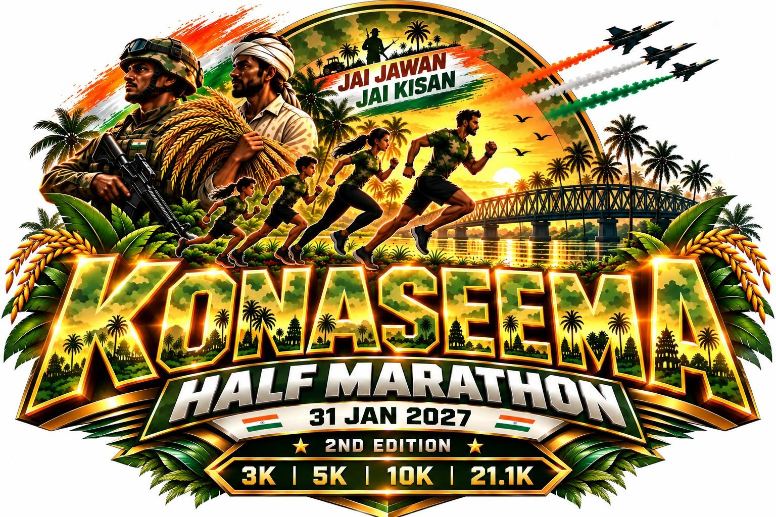 Konaseema Half Marathon poster: 31 Jan 2027, 2nd Edition, 3K, 5K, 10K and 21.1K, with a soldier, a farmer, runners of all ages, palms and the Godavari bridge at sunrise